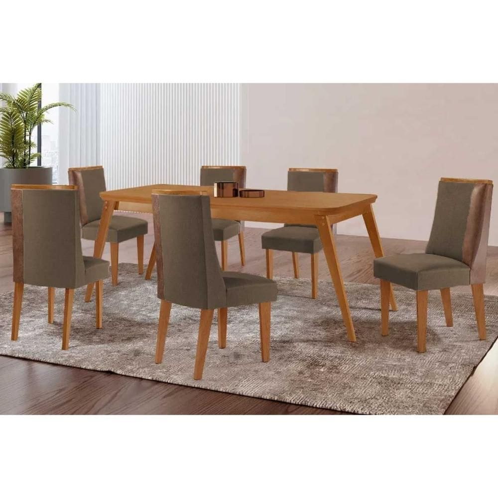 Sala de Jantar Completa Havana c/ Tampo Madeirado Canto Curvo 180x90cm e 6 Cadeiras Tilia Naturale - Suede Capuccino - Rufato