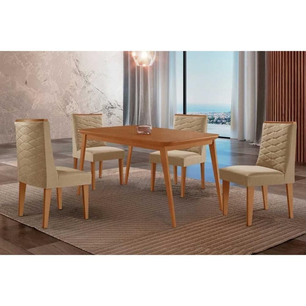 Sala de Jantar Completa Havana c/ Tampo Madeirado Canto Curvo 120x80cm e 4 Cadeiras Dafne Naturale - Linho Bege - Rufato