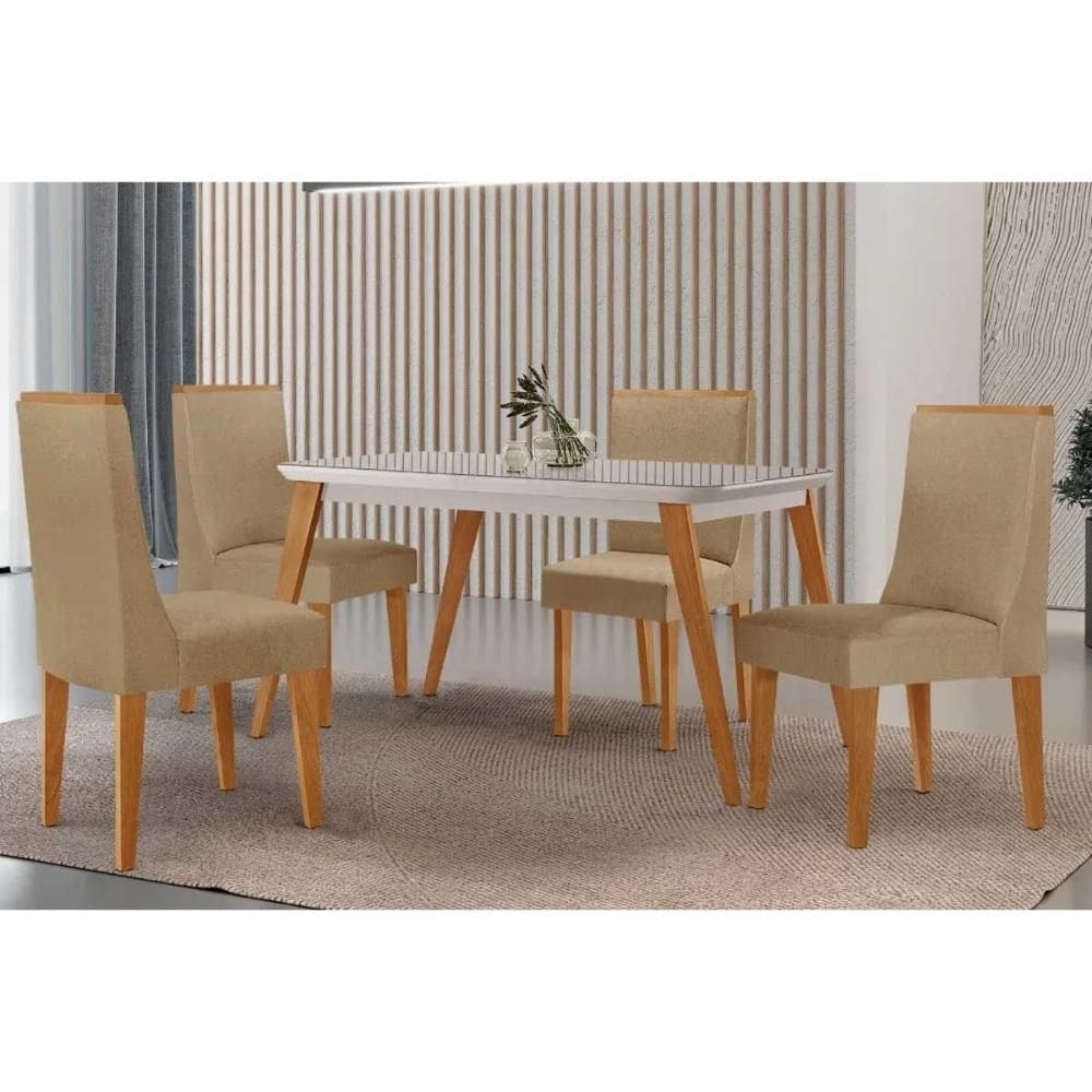 Sala de Jantar Completa Havana c/ Tampo Madeirado c/ Vidro Canto Curvo 120x80cm e 4 Cadeiras Dakota Naturale/Off White - Linho Bege - Rufato