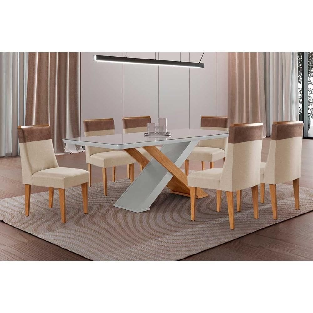 Sala de Jantar Completa Imperatriz c/ Tampo Madeirado c/ Vidro Canto Curvo 180X90cm e 6 Cadeiras Jaspe Naturale/Off White - Suede Creme - Rufato