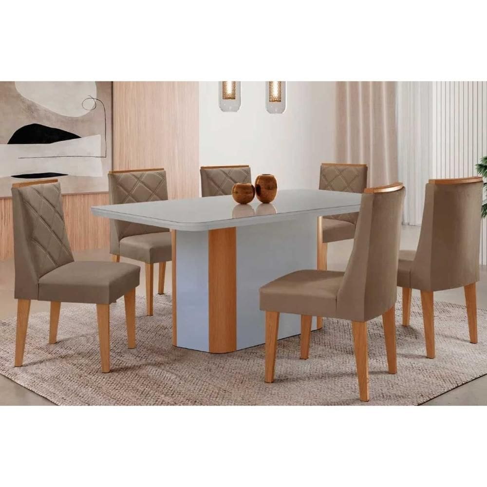 Conjunto Sala de Jantar Pietá c/ Tampo Madeirado c/ Vidro Canto Curvo 180x90cm e 6 Cadeiras Pietá Madeira Maciça Naturale/Off White - Capuccino/Suede