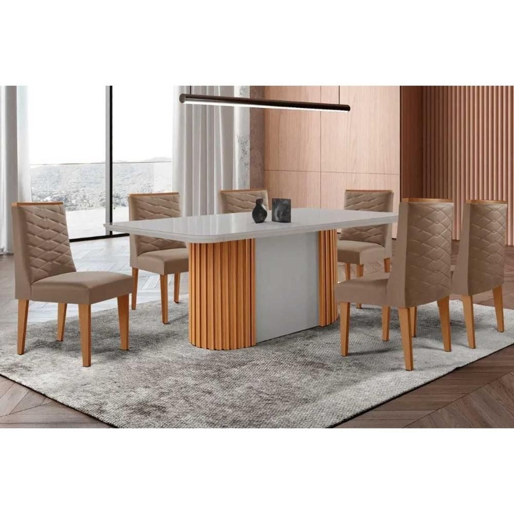 Sala de Jantar Completa Pilar c/ Tampo Madeirado c/ Vidro Canto Curvo 180x90cm e 6 Cadeiras Dafne Naturale/Off White - Suede Capuccino - Rufato