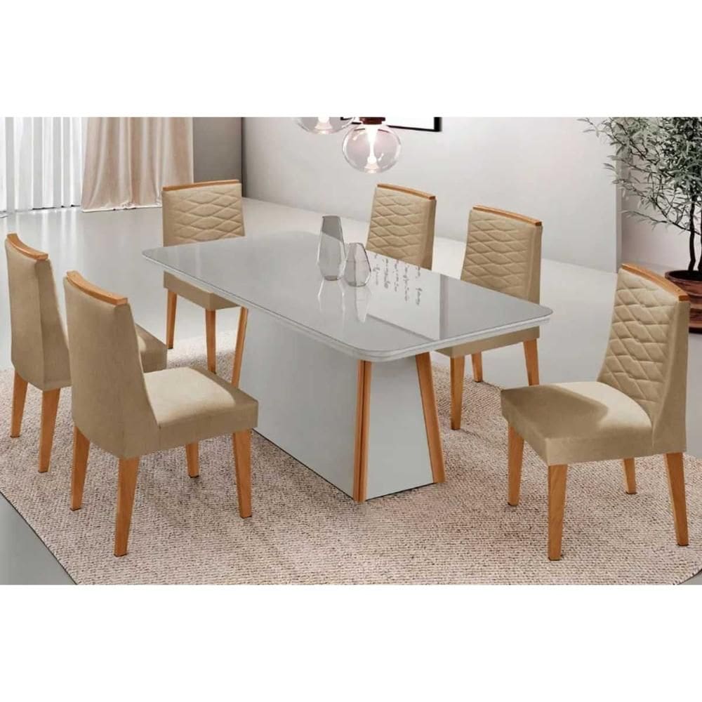 Conjunto Sala de Jantar Tilia c/ Tampo Madeirado c/ Vidro Canto Curvo 180x90cm e 6 Cadeiras Maldivas Madeira Maciça Naturale/Off White - Capuccino/Lin