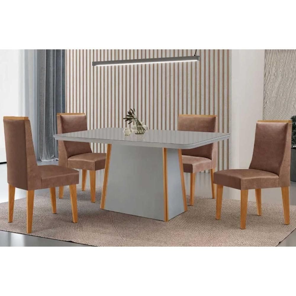 Conjunto Sala de Jantar Tilia c/ Tampo Madeirado c/ Vidro Canto Curvo 120x80cm e 4 Cadeiras Dakota Madeira Maciça Naturale/Off White - Capuccino/Coran