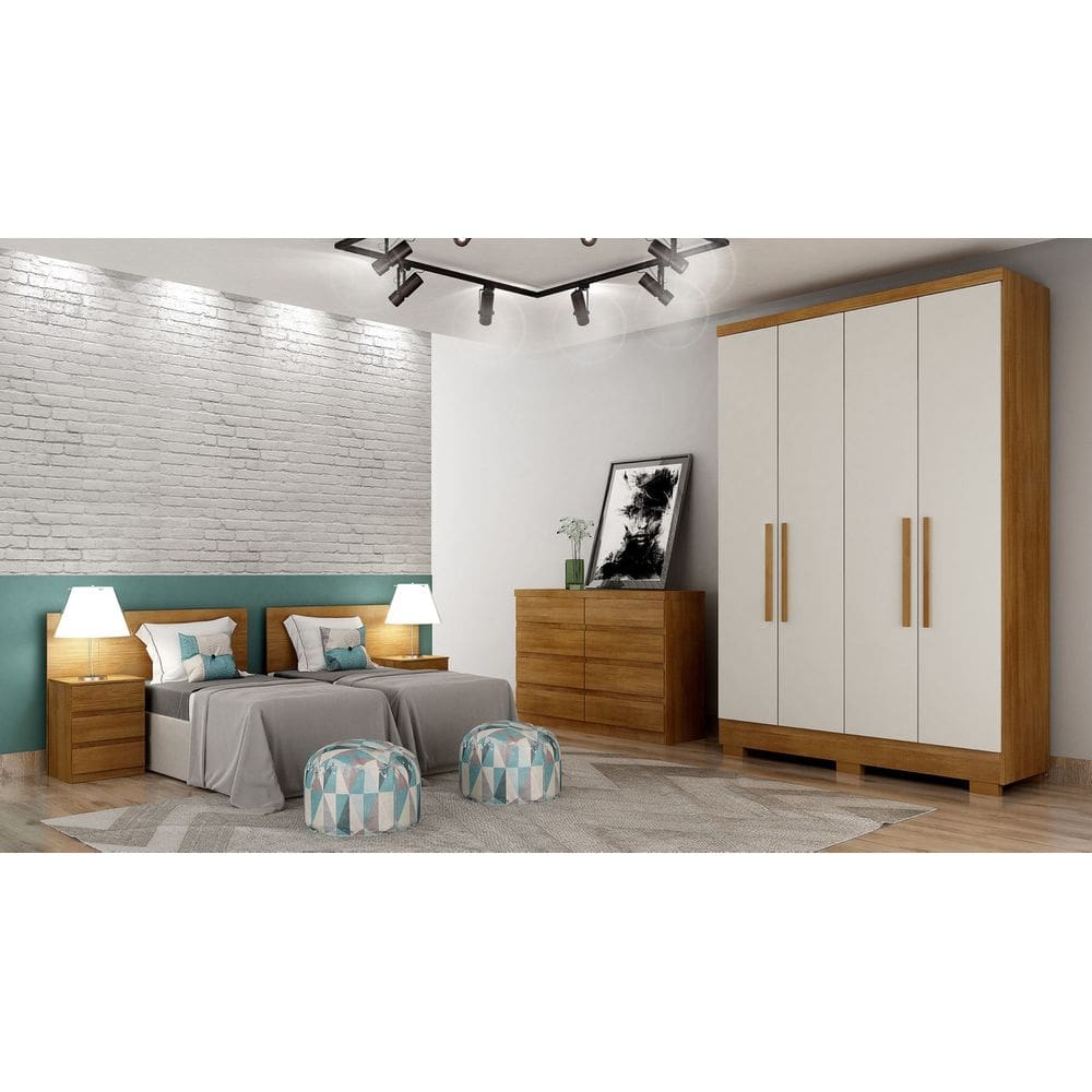 Guarda Roupa Solteiro com Pés 4 Portas 2 Gavetas - Milly-Cumaru off white - Móveis Novo Horizonte