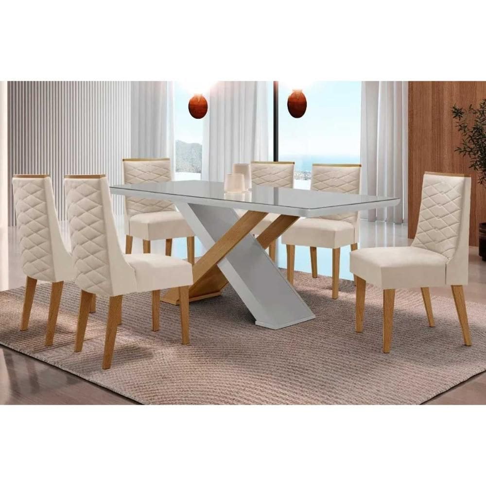 Sala de Jantar Completa Imperatriz c/ Tampo Madeirado c/ Vidro Canto Curvo 180X90cm e 6 Cadeiras Dafne Naturale/Off White - Suede Creme - Rufato