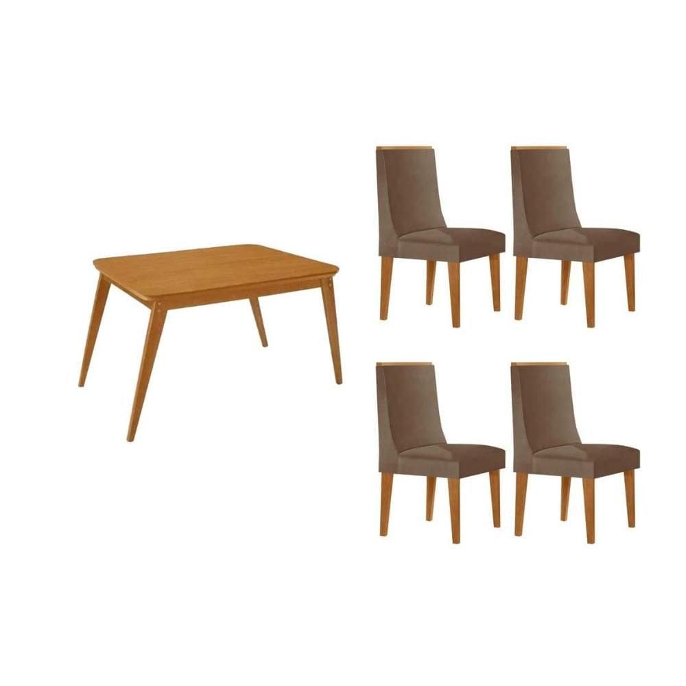 Sala de Jantar Completa Havana c/ Tampo Madeirado Canto Curvo 120x80cm e 4 Cadeiras Dakota Naturale - Corano Capuccino - Rufato