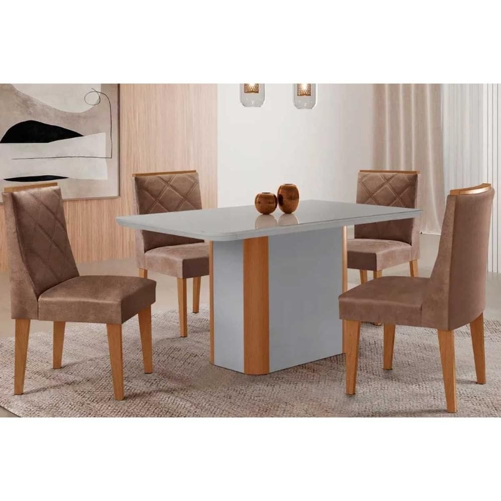 Conjunto Sala de Jantar Pietá c/ Tampo Madeirado c/ Vidro Canto Curvo 120x80cm e 4 Cadeiras Pietá Madeira Maciça Naturale/Off White - Capuccino/Corano