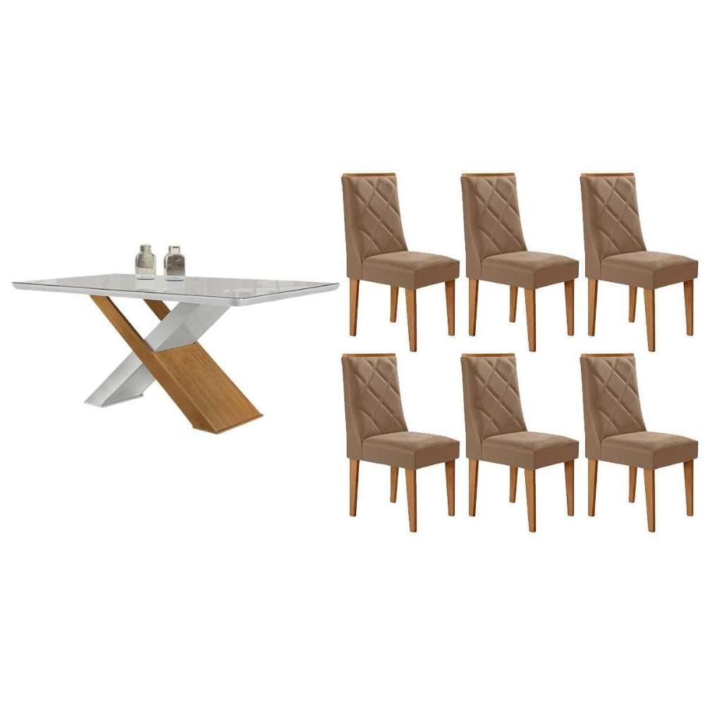 Sala de Jantar Completa Imperatriz c/ Tampo Madeirado c/ Vidro Canto Curvo 180X90cm e 6 Cadeiras Pietá Naturale/Off White - Suede Capuccino - Rufato