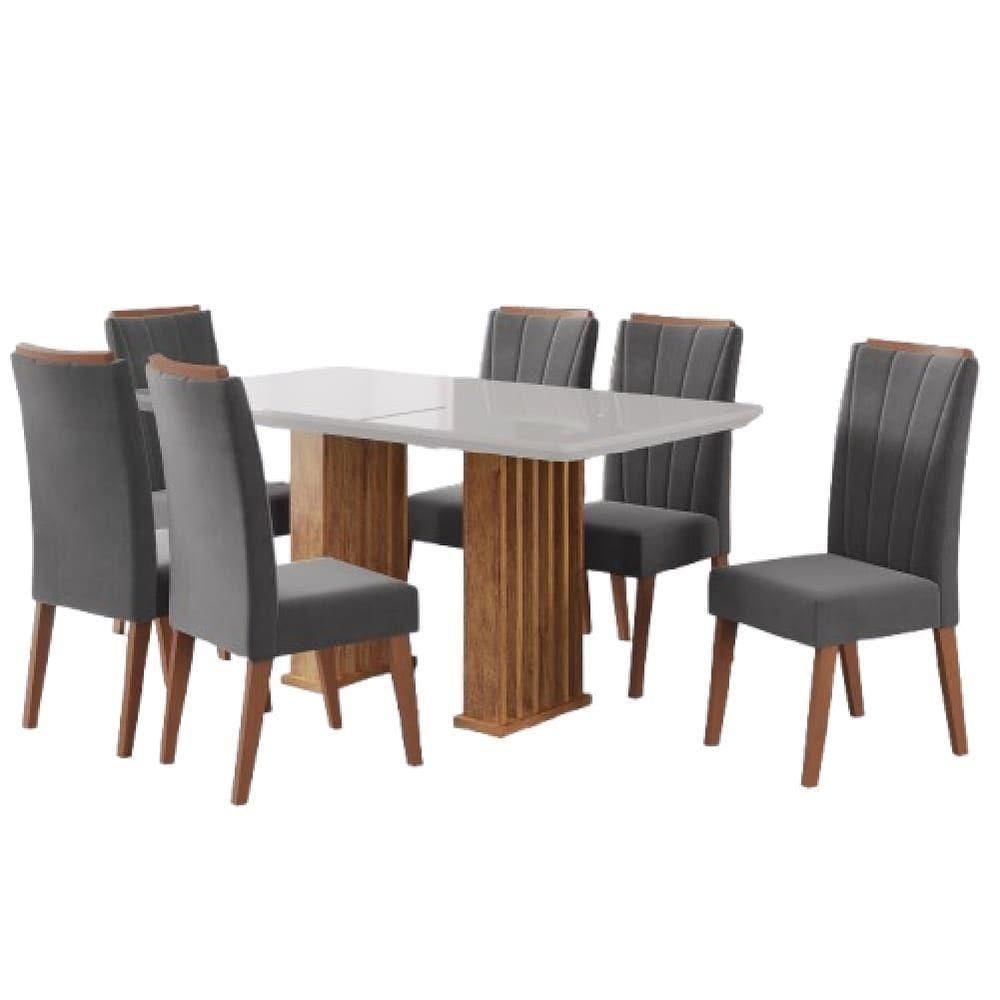 Conjunto De Mesa Sala De Jantar Ripada Tampo Com Vidro Mond 1,60m 6 Cadeiras Sofia Viero Cinza