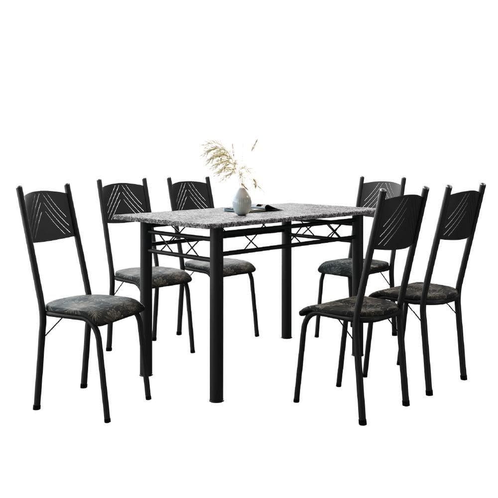 Conjunto De Mesa Sala De Jantar Sara Com 6 Cadeiras Tubular Granito 1,40m Artefamol Preto/flor