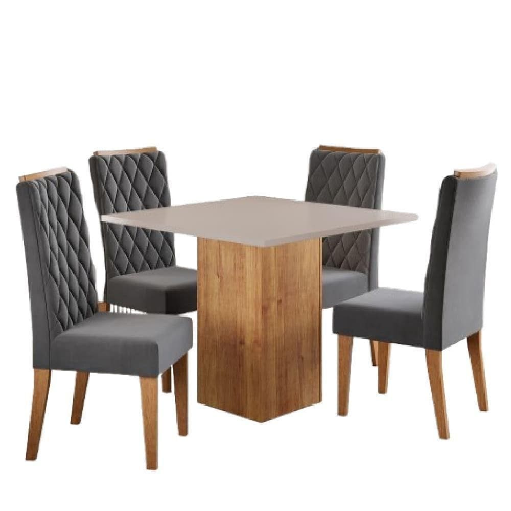 Conjunto Sala De Jantar Mesa Lord Quadrada 0,90m 4 Cadeiras Bele Veludo Viero Off White / Cinza