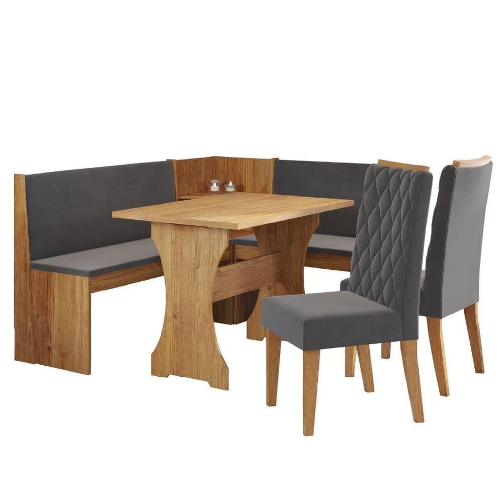 Conjunto Sala De Jantar Canto Alemão Arnis Com 2 Cadeiras Bele Veludo Viero Madeirado / Cinza