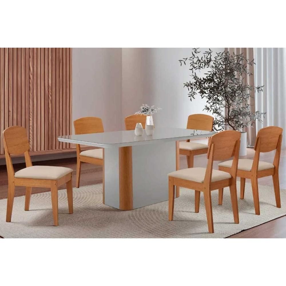 Sala de Jantar Completa Pietá c/ Tampo Madeirado c/ Vidro Canto Curvo 180x90cm e 6 Cadeiras Havana Naturale/Off White - Suede Creme - Rufato