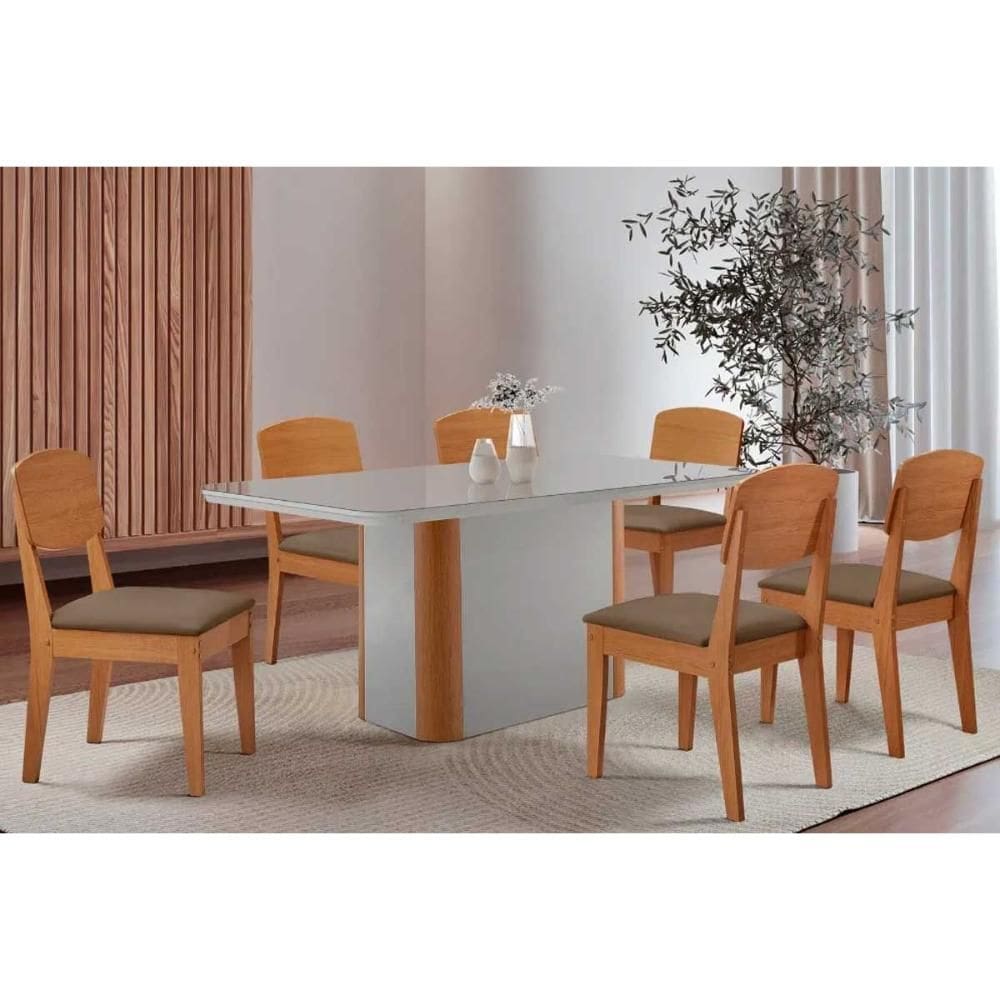 Sala de Jantar Completa Pietá c/ Tampo Madeirado c/ Vidro Canto Curvo 180x90cm e 6 Cadeiras Havana Naturale/Off White - Suede Capuccino - Rufato