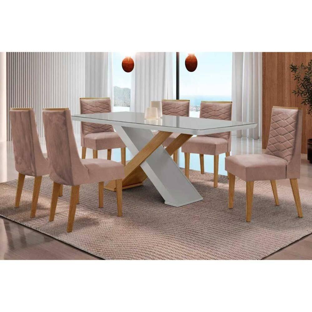 Conjunto Sala de Jantar Imperatriz c/ Tampo Madeirado c/ Vidro Canto Curvo 180X90cm e 6 Cadeiras Maldivas Naturale/Off White - Linho Capuccino-Rufato