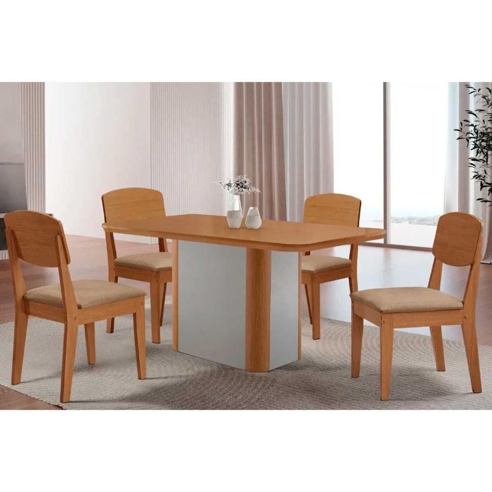 Sala de Jantar Completa Pietá c/ Tampo Madeirado Canto Curvo 120x80cm e 4 Cadeiras Havana Naturale/Off White - Linho Bege - Rufato
