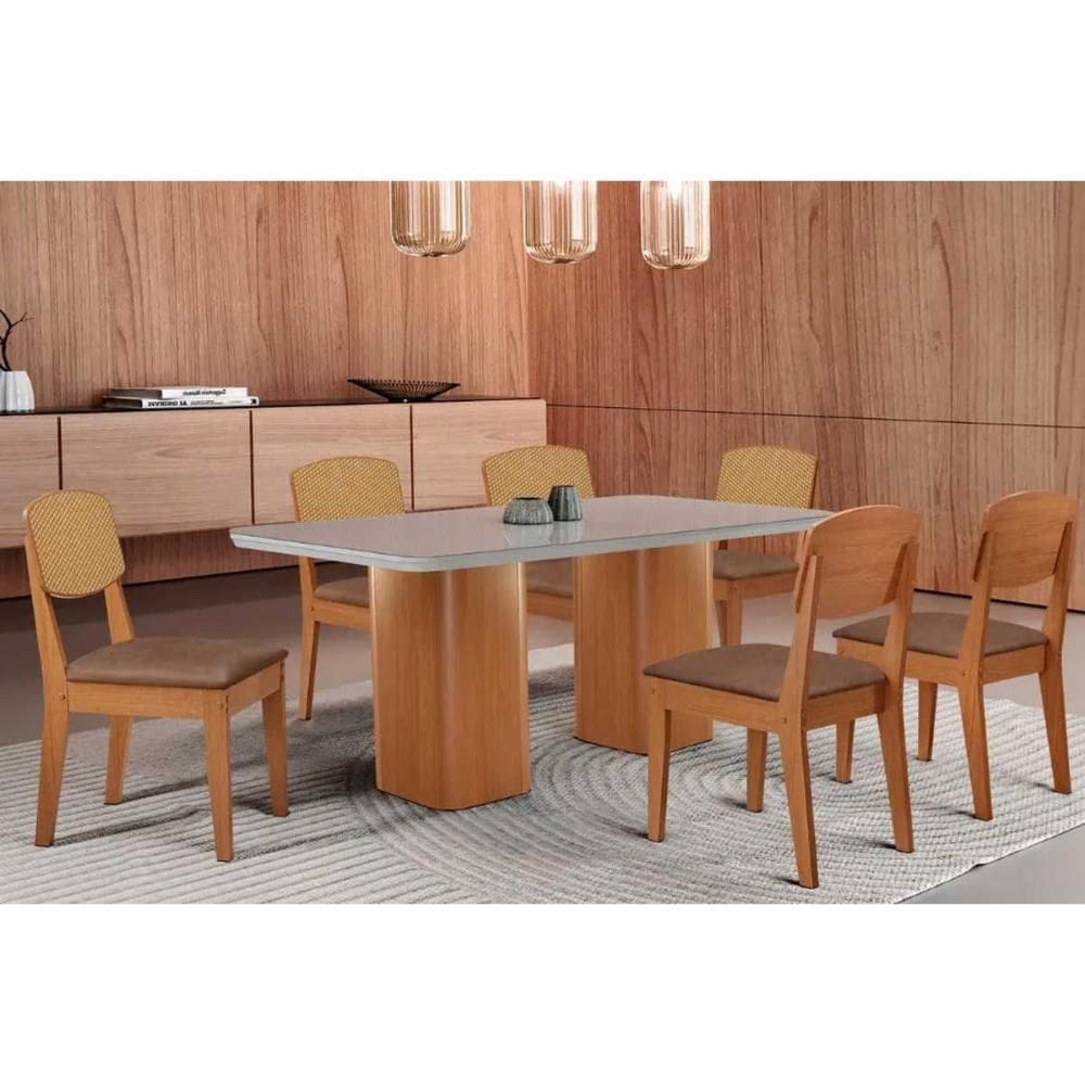 Conjunto Sala de Jantar Maldivas c/ Tampo Madeirado c/ Vidro Canto Curvo 180x90cm e 6 Cadeiras Havana Premium Naturale/Off White - Corano Capuccino-Ru