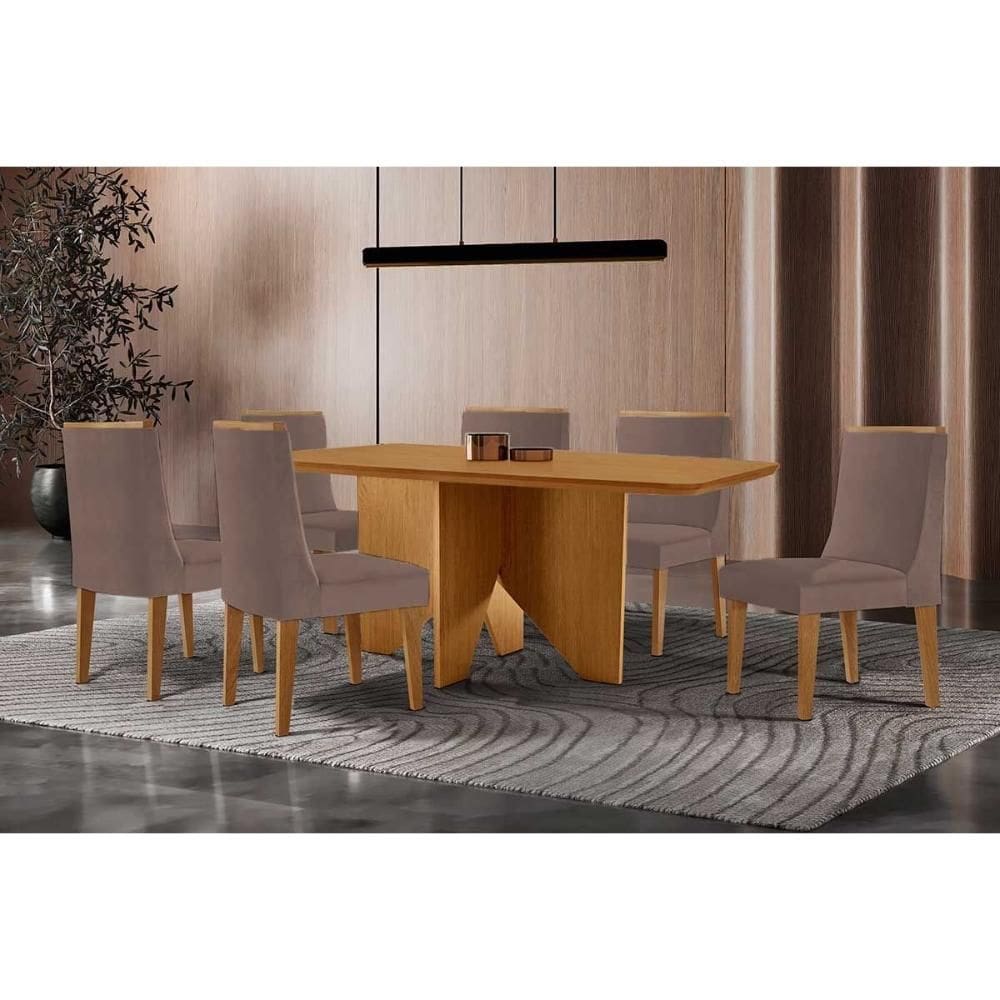 Sala de Jantar Completa Nevada c/ Tampo Madeirado Canto Curvo 180x90cm e 6 Cadeiras Dakota Naturale - Corano Capuccino - Rufato