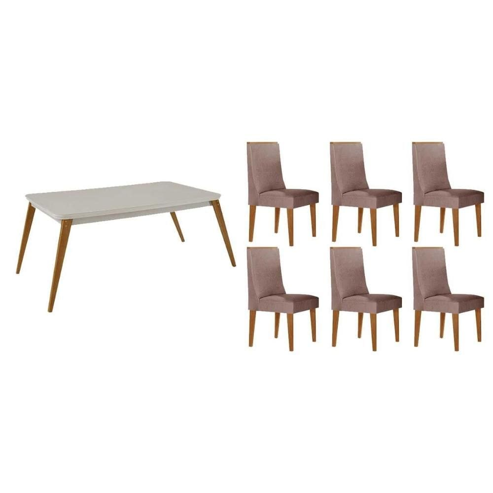 Sala de Jantar Completa Havana c/ Tampo Madeirado c/ Vidro Canto Curvo 180x90cm e 6 Cadeiras Dakota Naturale/Off White - Linho Capuccino - Rufato