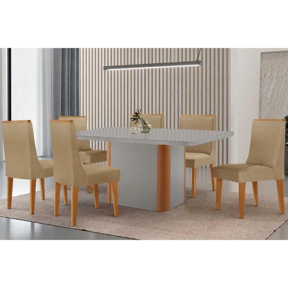 Conjunto Sala de Jantar Pietá c/ Tampo Madeirado c/ Vidro Canto Curvo 180x90cm e 6 Cadeiras Dakota Madeira Maciça Naturale/Off White - Capuccino/Linho