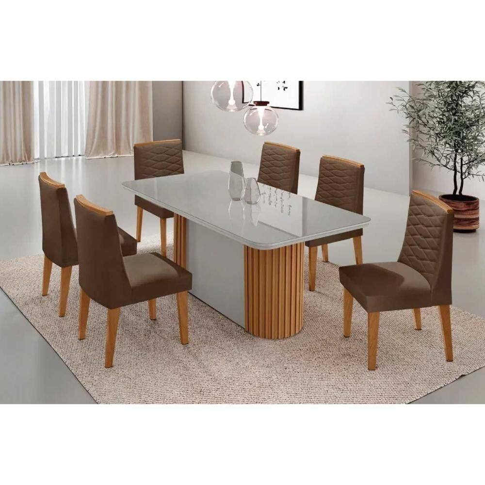 Sala de Jantar Completa Pilar c/ Tampo Madeirado c/ Vidro Canto Curvo 180x90cm e 6 Cadeiras Maldivas Naturale/Off White - Suede Marrom - Rufato