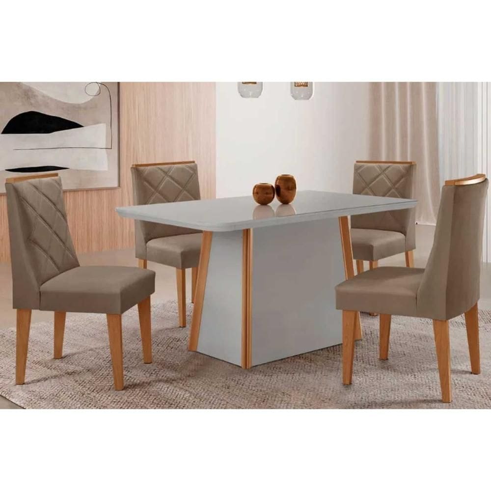 Conjunto Sala de Jantar Tilia c/ Tampo Madeirado c/ Vidro Canto Curvo 120x80cm e 4 Cadeiras Maldivas Madeira Maciça Naturale/Off White - Capuccino/Sue
