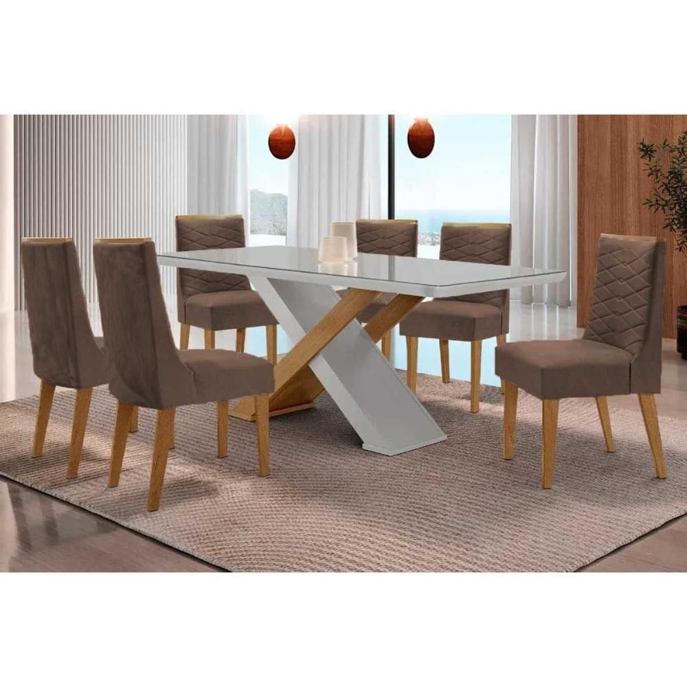 Sala de Jantar Completa Imperatriz c/ Tampo Madeirado c/ Vidro Canto Curvo 180X90cm e 6 Cadeiras Maldivas Naturale/Off White - Suede Marrom - Rufato