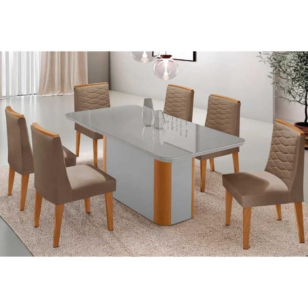 Sala de Jantar Completa Pietá c/ Tampo Madeirado c/ Vidro Canto Curvo 180x90cm e 6 Cadeiras Maldivas Naturale/Off White - Suede Capuccino - Rufato