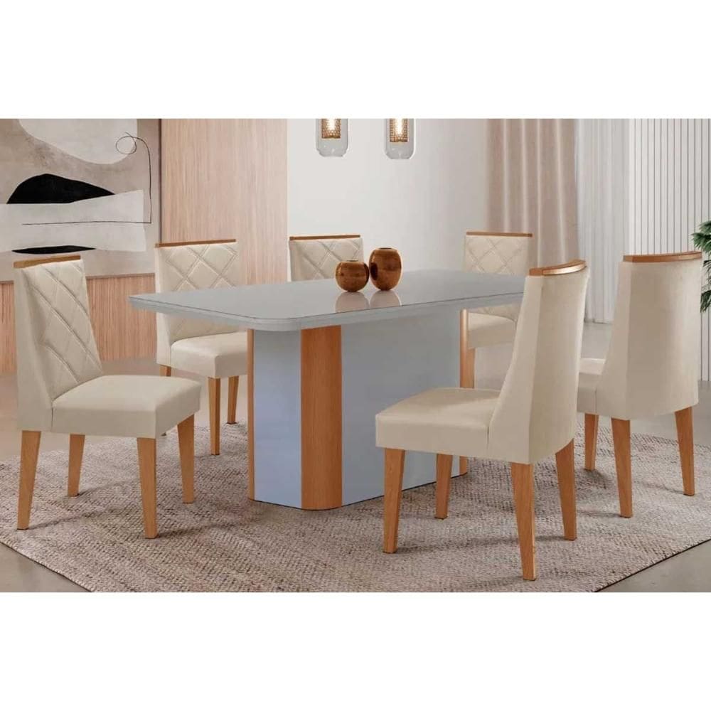 Conjunto Sala de Jantar Pietá c/ Tampo Madeirado c/ Vidro Canto Curvo 180x90cm e 6 Cadeiras Pietá Madeira Maciça Naturale/Off White - Capuccino/Suede