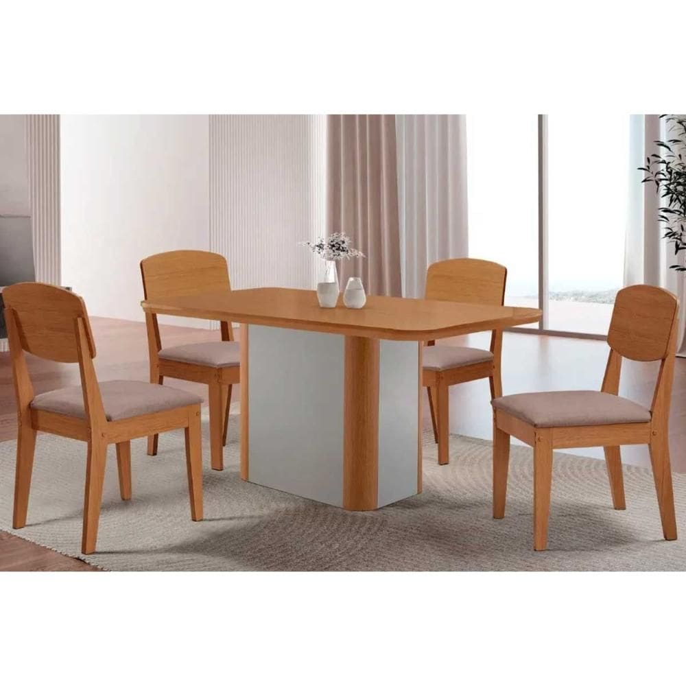 Sala de Jantar Completa Pietá c/ Tampo Madeirado Canto Curvo 120x80cm e 4 Cadeiras Havana Naturale/Off White - Linho Capuccino - Rufato