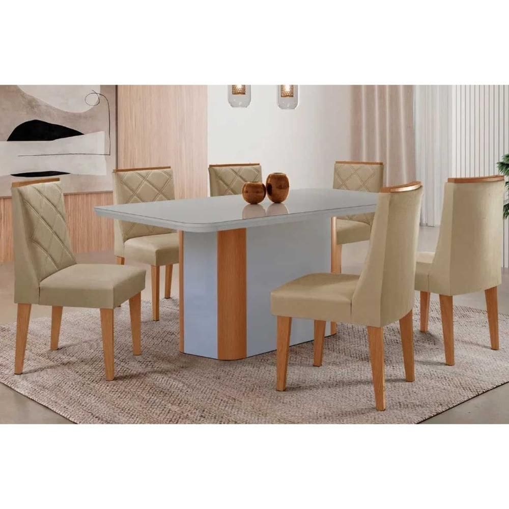 Conjunto Sala de Jantar Pietá c/ Tampo Madeirado c/ Vidro Canto Curvo 180x90cm e 6 Cadeiras Pietá Madeira Maciça Naturale/Off White - Capuccino/Linho