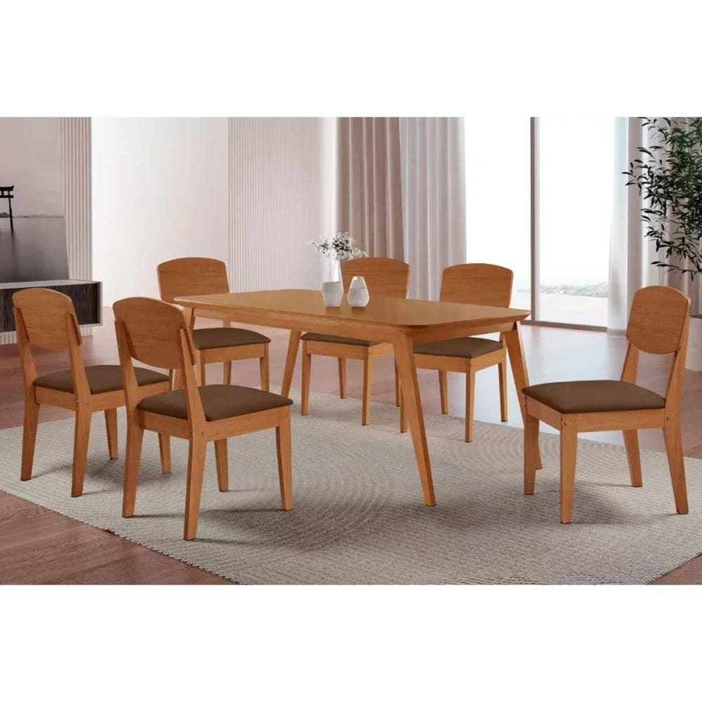 Sala de Jantar Completa Havana c/ Tampo Madeirado Canto Curvo 180x90cm e 6 Cadeiras Havana Naturale - Suede Marrom - Rufato