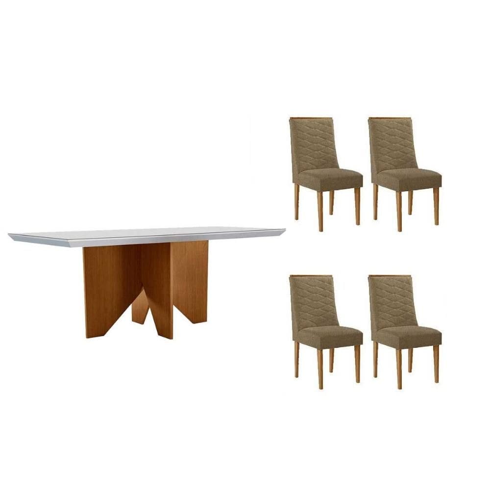 Sala de Jantar Completa Nevada c/ Tampo Madeirado c/ Vidro Canto Curvo 120x80cm e 4 Cadeiras Maldivas Naturale/Off White - Corano Capuccino - Rufato