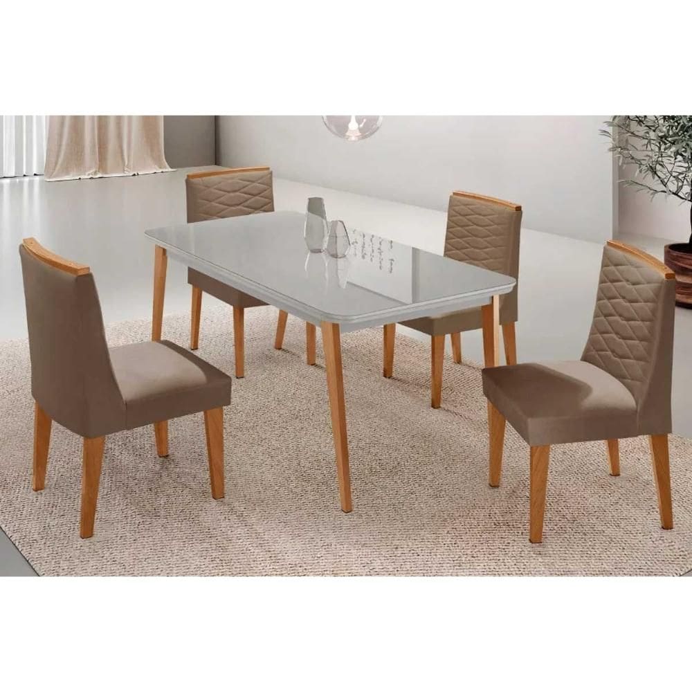 Sala de Jantar Completa Havana c/ Tampo Madeirado c/ Vidro Canto Curvo 120x80cm e 4 Cadeiras Maldivas Naturale/Off White - Suede Capuccino - Rufato