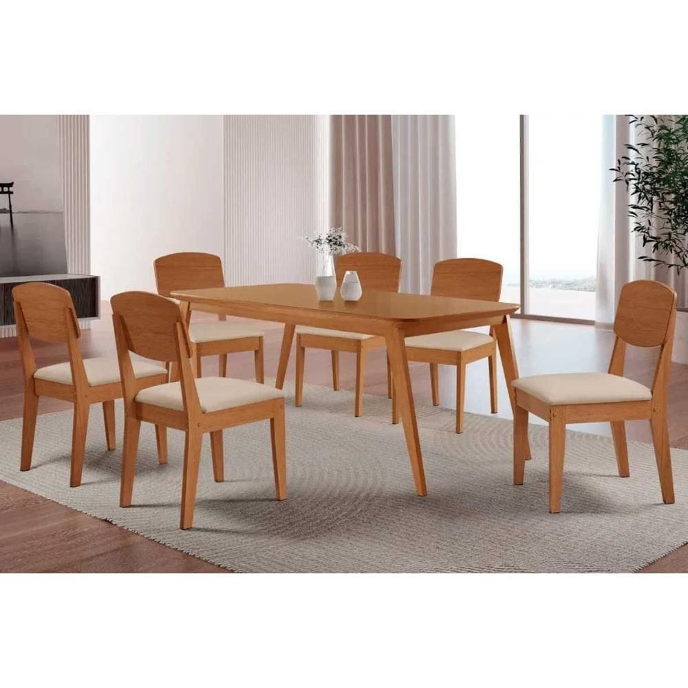 Sala de Jantar Completa Havana c/ Tampo Madeirado Canto Curvo 180x90cm e 6 Cadeiras Havana Naturale - Suede Creme - Rufato
