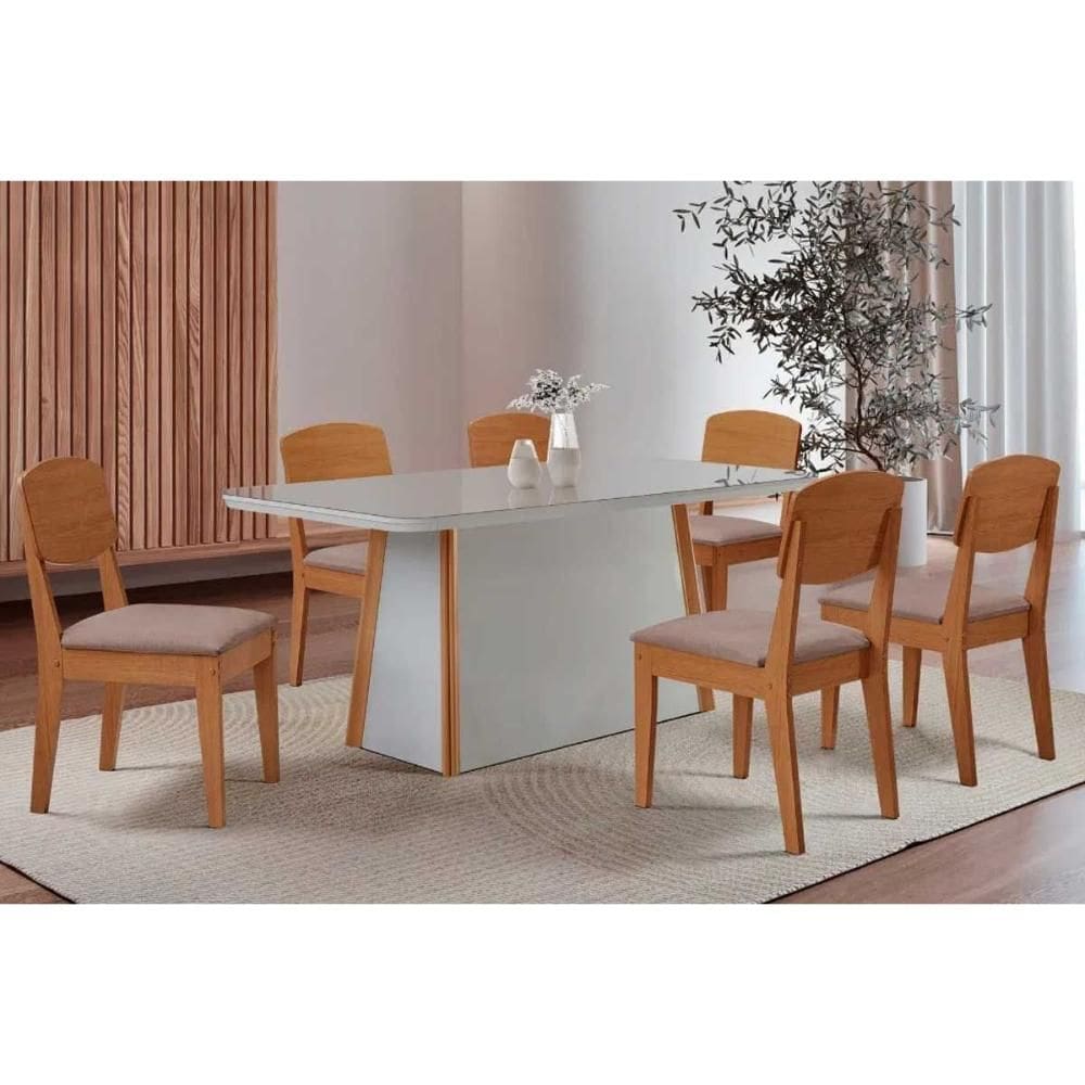 Sala de Jantar Completa Tilia c/ Tampo Madeirado c/ Vidro Canto Curvo 180x90cm e 6 Cadeiras Havana Naturale/Off White - Linho Capuccino - Rufato