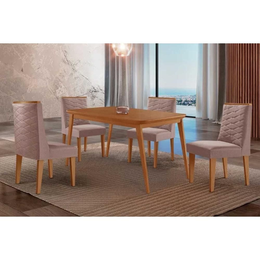 Sala de Jantar Completa Havana c/ Tampo Madeirado Canto Curvo 120x80cm e 4 Cadeiras Dafne Naturale - Linho Capuccino - Rufato