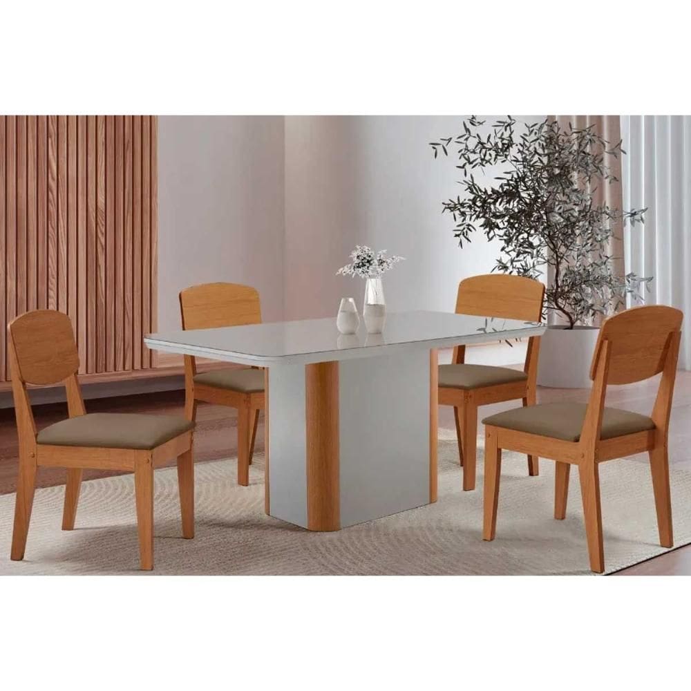 Sala de Jantar Completa Pietá c/ Tampo Madeirado c/ Vidro Canto Curvo 120x80cm e 4 Cadeiras Havana Naturale/Off White - Suede Capuccino - Rufato