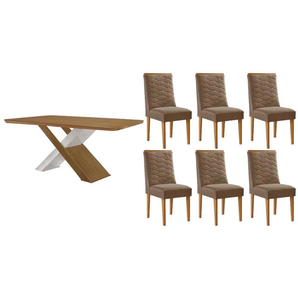 Sala de Jantar Completa Imperatriz c/ Tampo Madeirado Canto Curvo 180x90cm e 6 Cadeiras Maldivas Naturale/Off White - Suede Capuccino - Rufato