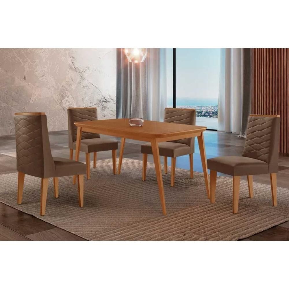 Sala de Jantar Completa Havana c/ Tampo Madeirado Canto Curvo 120x80cm e 4 Cadeiras Dafne Naturale - Suede Marrom - Rufato