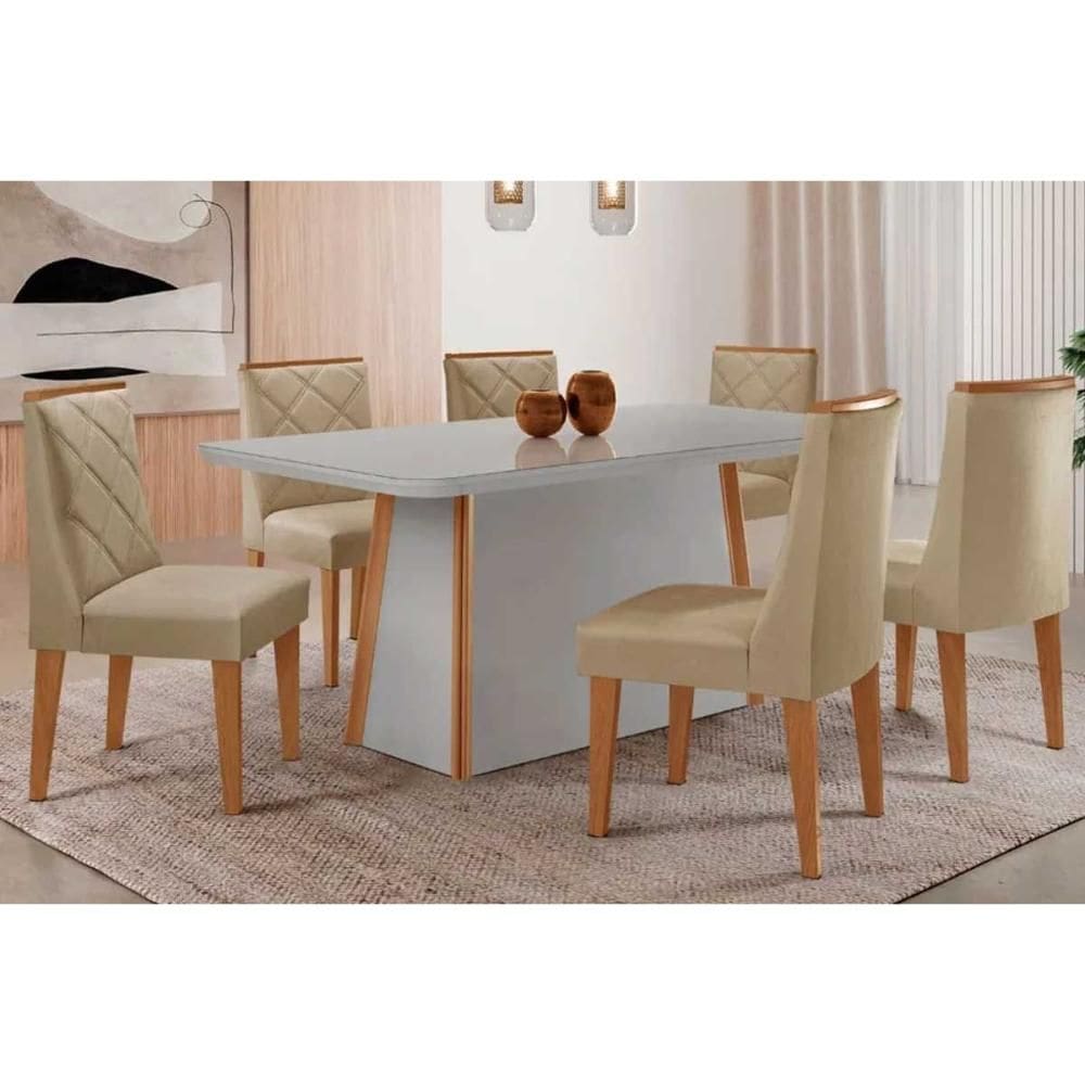 Conjunto Sala de Jantar Tilia c/ Tampo Madeirado c/ Vidro Canto Curvo 180x90cm e 6 Cadeiras Pietá Madeira Maciça Naturale/Off White - Capuccino/Linho