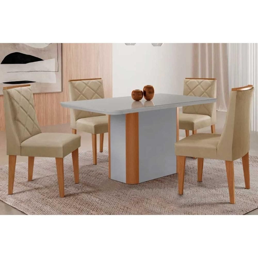 Conjunto Sala de Jantar Pietá c/ Tampo Madeirado c/ Vidro Canto Curvo 120x80cm e 4 Cadeiras Pietá Madeira Maciça Naturale/Off White - Capuccino/Linho