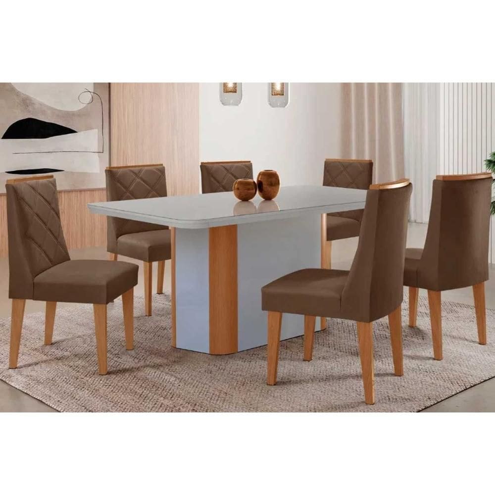 Conjunto Sala de Jantar Pietá c/ Tampo Madeirado c/ Vidro Canto Curvo 180x90cm e 6 Cadeiras Pietá Madeira Maciça Naturale/Off White - Capuccino/Suede
