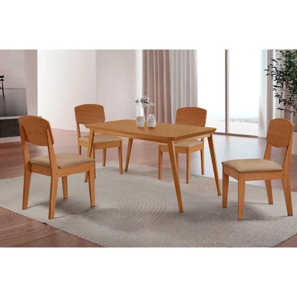 Sala de Jantar Completa Havana c/ Tampo Madeirado Canto Curvo 120x80cm e 4 Cadeiras Havana Naturale - Linho Bege - Rufato