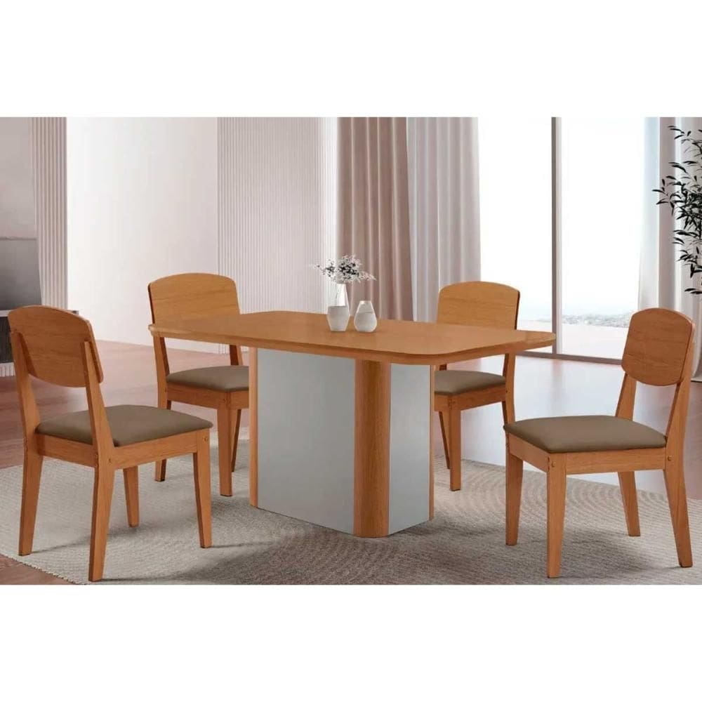 Sala de Jantar Completa Pietá c/ Tampo Madeirado Canto Curvo 120x80cm e 4 Cadeiras Havana Naturale/Off White - Suede Capuccino - Rufato