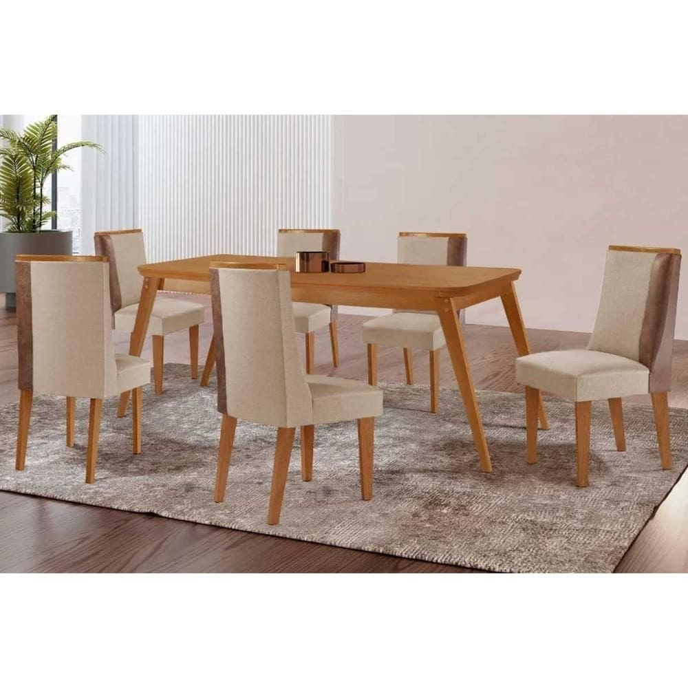 Sala de Jantar Completa Havana c/ Tampo Madeirado Canto Curvo 180x90cm e 6 Cadeiras Tilia Naturale - Suede Creme - Rufato