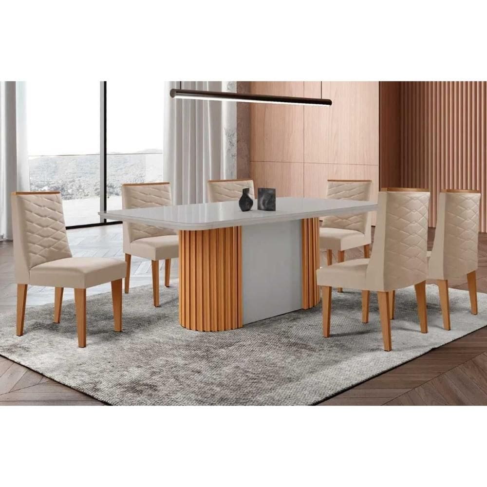 Sala de Jantar Completa Pilar c/ Tampo Madeirado c/ Vidro Canto Curvo 180x90cm e 6 Cadeiras Dafne Naturale/Off White - Suede Creme - Rufato