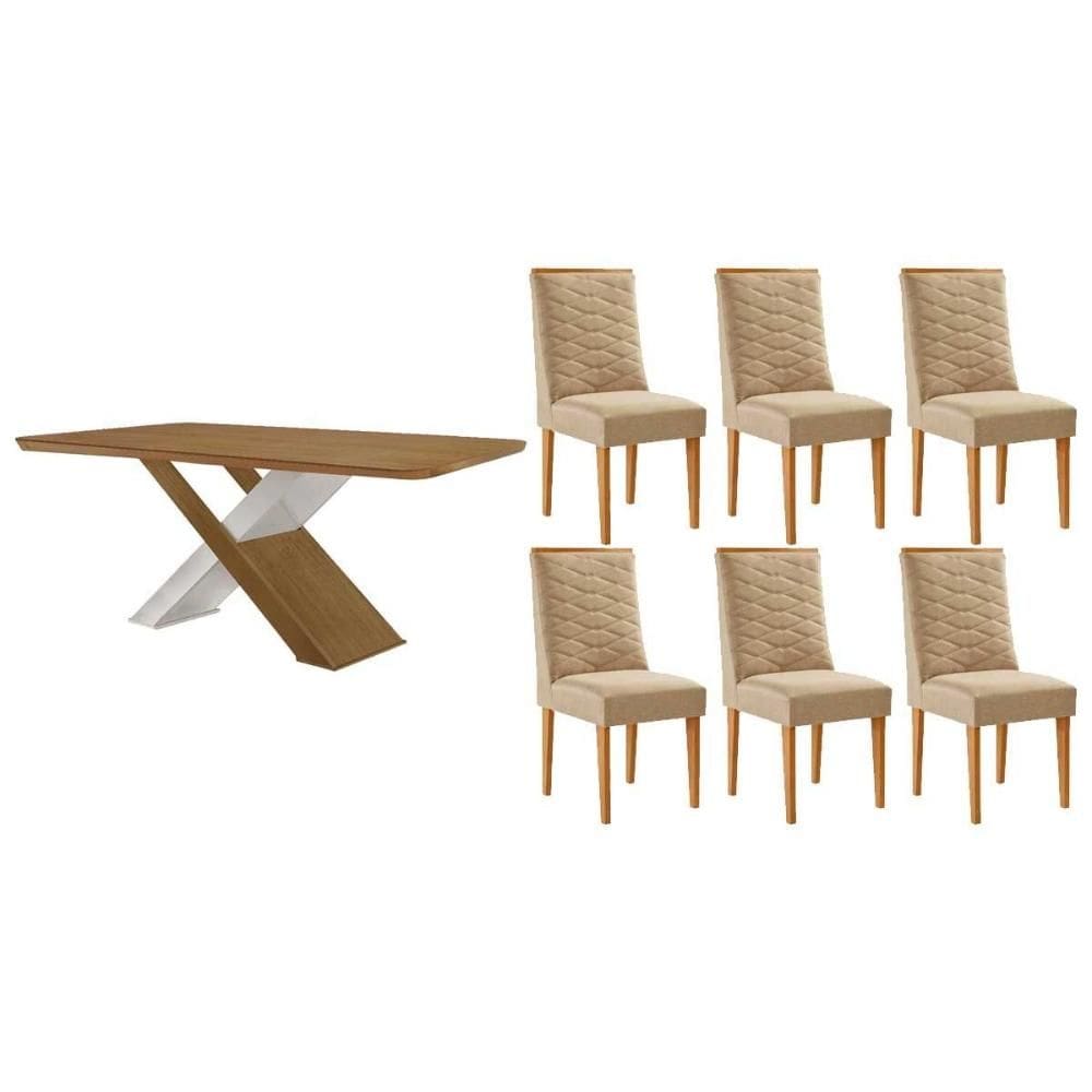 Sala de Jantar Completa Imperatriz c/ Tampo Madeirado Canto Curvo 180x90cm e 6 Cadeiras Maldivas Naturale/Off White - Linho Bege - Rufato