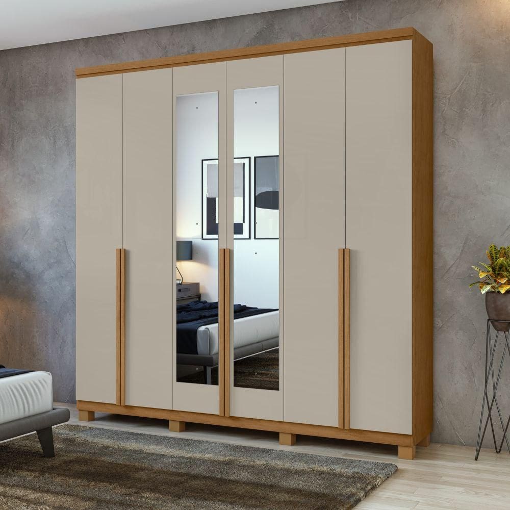 Guarda-Roupa Casal 6 Portas 4 Gavetas Com Espelho Amendoa/Off White Alonzo Móveis Lopas